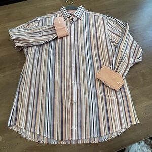 Johnston & Murphy Shirt Striped Men's M Button Down Flip Cuff Gingham Orange NEW